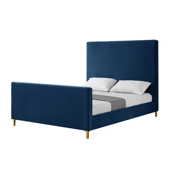 HomeRoots Gray Solid Wood Queen Bed with Elegant Upholstered Design for Luxury Comfort and Support Navy, Velvet 544770