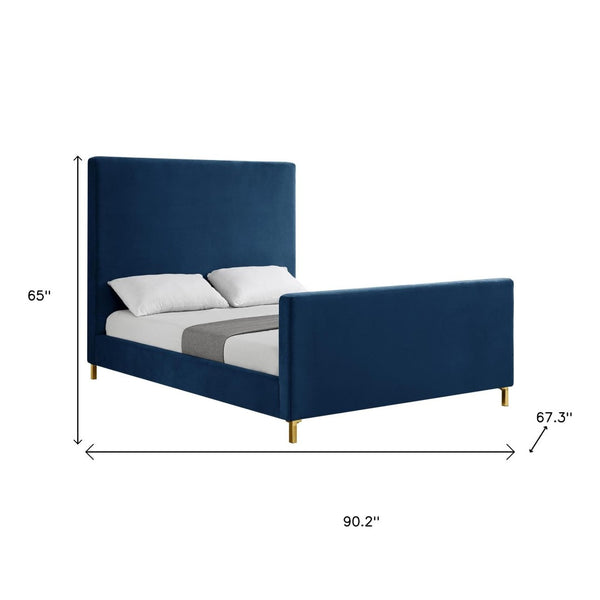HomeRoots Gray Solid Wood Queen Bed with Elegant Upholstered Design for Luxury Comfort and Support Navy, Velvet 544770