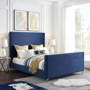HomeRoots Gray Solid Wood Queen Bed with Elegant Upholstered Design for Luxury Comfort and Support Navy, Velvet 544770