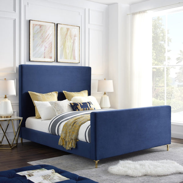 HomeRoots Gray Solid Wood Queen Bed with Elegant Upholstered Design for Luxury Comfort and Support Navy, Velvet 544770