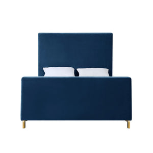 HomeRoots Gray Solid Wood Queen Bed with Elegant Upholstered Design for Luxury Comfort and Support Navy, Velvet 544770