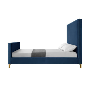 HomeRoots Gray Solid Wood Queen Bed with Elegant Upholstered Design for Luxury Comfort and Support Navy, Velvet 544770