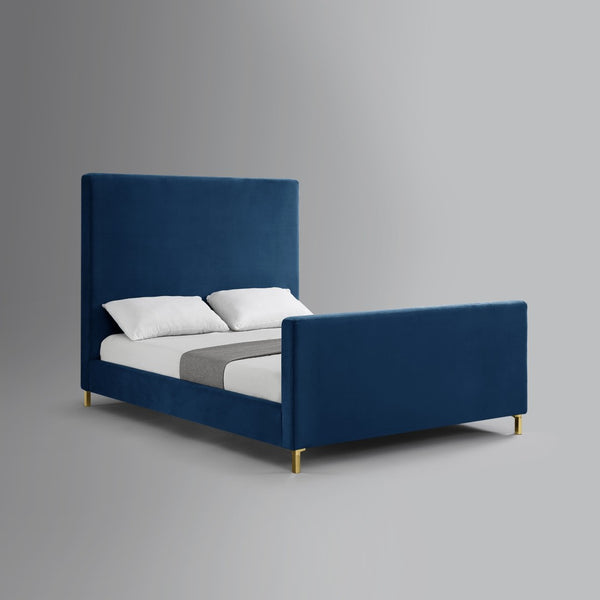 HomeRoots Gray Solid Wood Queen Bed with Elegant Upholstered Design for Luxury Comfort and Support Navy, Velvet 544770