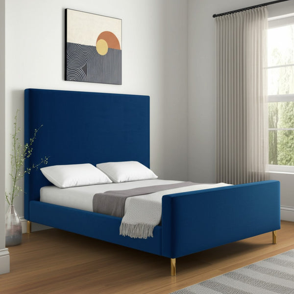 HomeRoots Gray Solid Wood Queen Bed with Elegant Upholstered Design for Luxury Comfort and Support Navy, Velvet 544770