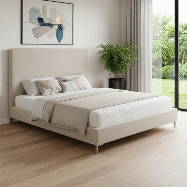 HomeRoots Beige Linen Upholstered Queen Bed Frame - Modern Design, Cozy Comfort, Durable Eucalyptus Construction 544772