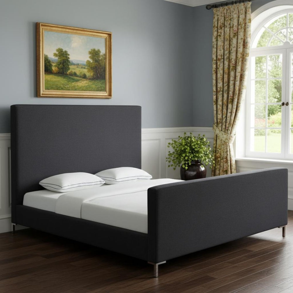 HomeRoots Charcoal Linen Upholstered Queen Bed Frame - Modern Elegance with Durable Support and Comfort 544774