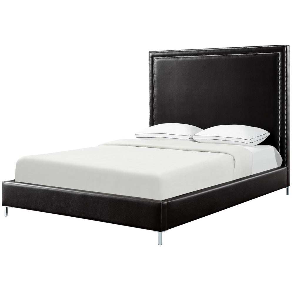 HomeRoots Black Faux Leather King Bed Frame with Nailhead Trim, Plush Upholstered Headboard & Solid Wood Base 544779