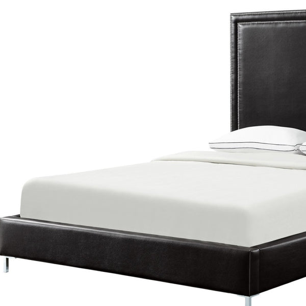HomeRoots Black Faux Leather King Bed Frame with Nailhead Trim, Plush Upholstered Headboard & Solid Wood Base 544779