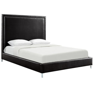 HomeRoots Black Faux Leather King Bed Frame with Nailhead Trim, Plush Upholstered Headboard & Solid Wood Base 544779