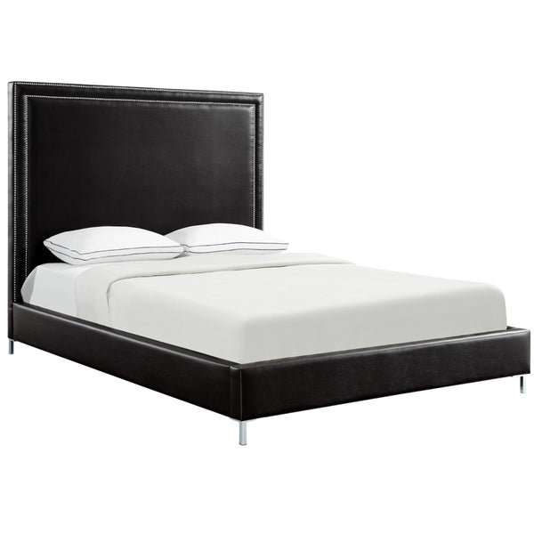 HomeRoots Black Faux Leather King Bed Frame with Nailhead Trim, Plush Upholstered Headboard & Solid Wood Base 544779
