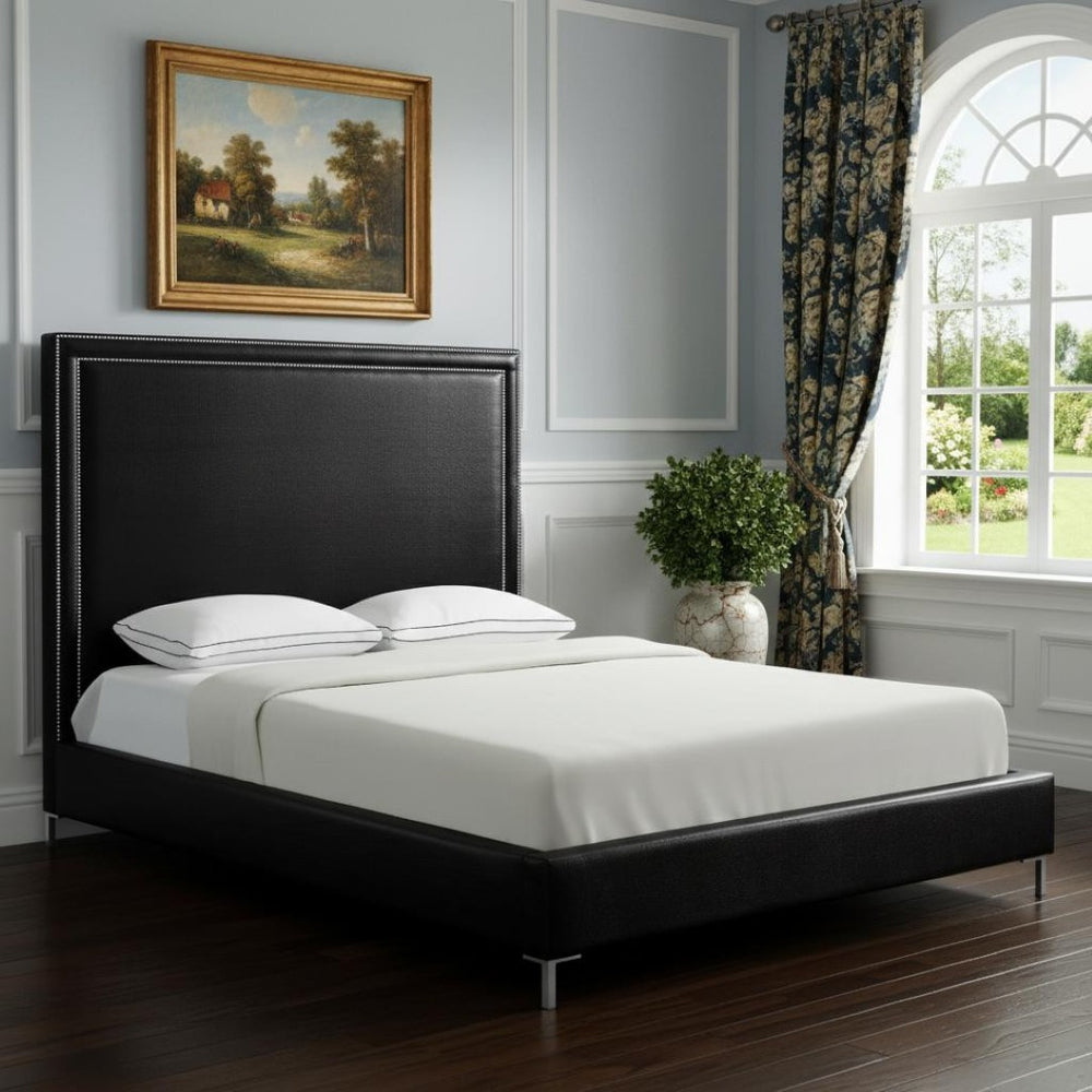 HomeRoots Black Faux Leather King Bed Frame with Nailhead Trim, Plush Upholstered Headboard & Solid Wood Base 544779