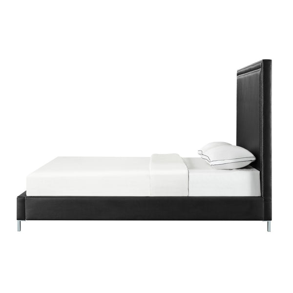 HomeRoots Black Faux Leather King Bed Frame with Nailhead Trim, Plush Upholstered Headboard & Solid Wood Base 544779