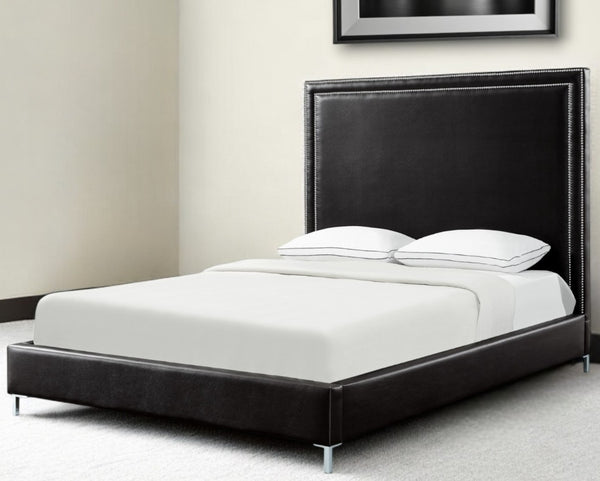 HomeRoots Black Solid Wood Queen Upholstered Bed with Nailhead Trim – Elegant Design for Timeless Comfort Black, Leather PU 544780