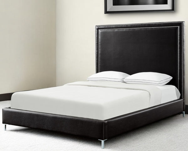 Homeroots Black Solid Wood Queen Upholstered Faux Leather Bed With Nailhead Trim Black,Leather Pu Leather Pu 544780