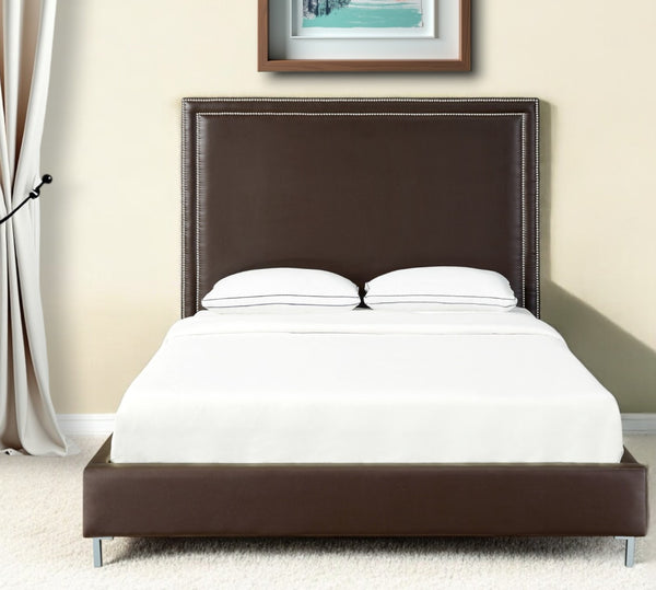 Homeroots Espresso Solid Wood King Upholstered Faux Leather Bed With Nailhead Trim Espresso,Leather Pu Leather Pu 544781