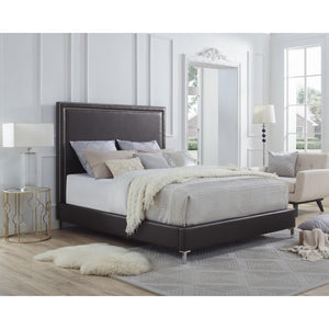 HomeRoots Black Solid Wood Queen Upholstered Bed with Nailhead Trim – Elegant Design for Timeless Comfort Espresso, Leather PU 544781
