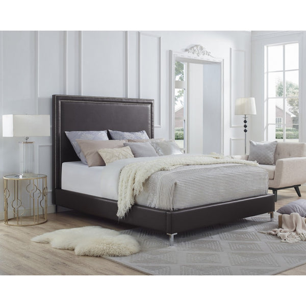HomeRoots Black Solid Wood Queen Upholstered Bed with Nailhead Trim – Elegant Design for Timeless Comfort Espresso, Leather PU 544781
