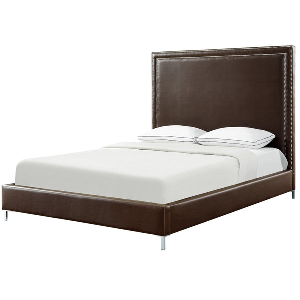 HomeRoots Espresso Faux Leather Queen Bed Frame - Stylish Upholstered Design with Nailhead Trim & Durability 544782