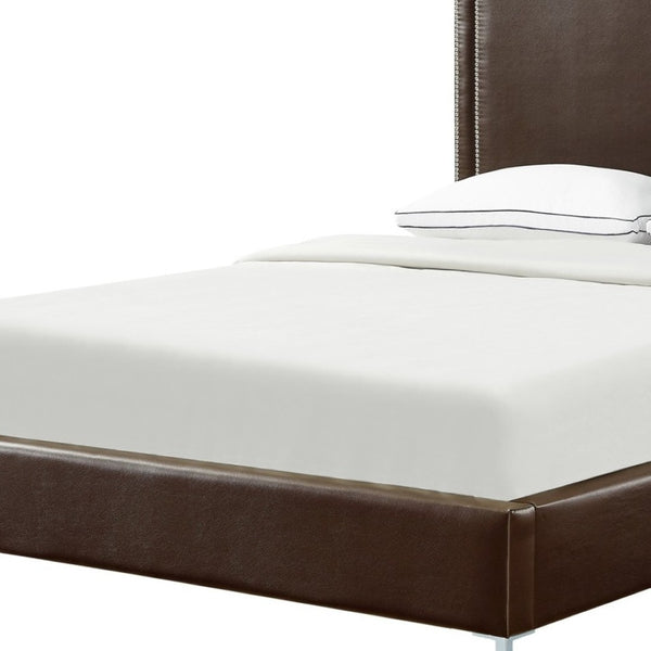 HomeRoots Espresso Faux Leather Queen Bed Frame - Stylish Upholstered Design with Nailhead Trim & Durability 544782