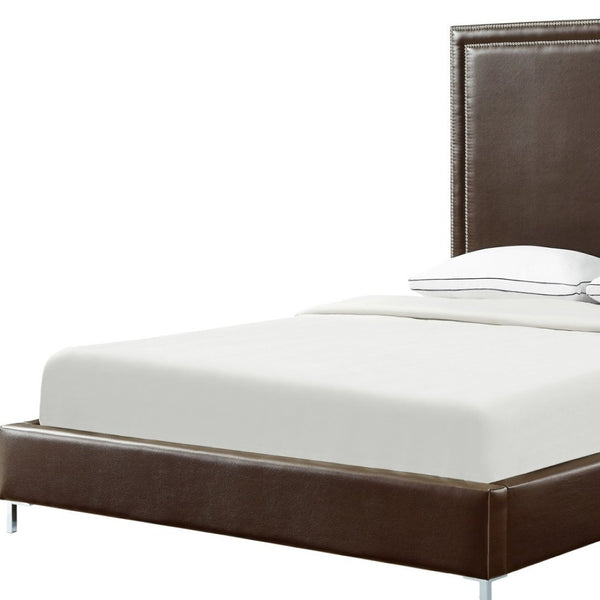 HomeRoots Espresso Faux Leather Queen Bed Frame - Stylish Upholstered Design with Nailhead Trim & Durability 544782
