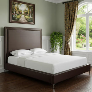 HomeRoots Espresso Faux Leather Queen Bed Frame - Stylish Upholstered Design with Nailhead Trim & Durability 544782
