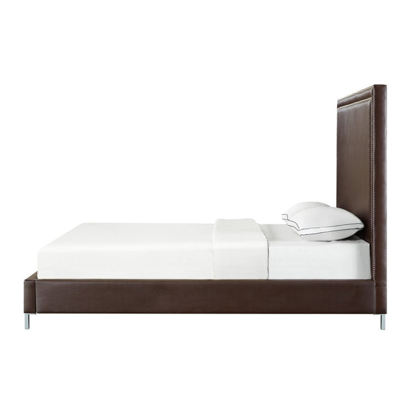 HomeRoots Espresso Faux Leather Queen Bed Frame - Stylish Upholstered Design with Nailhead Trim & Durability 544782