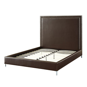 HomeRoots Espresso Faux Leather Queen Bed Frame - Stylish Upholstered Design with Nailhead Trim & Durability 544782