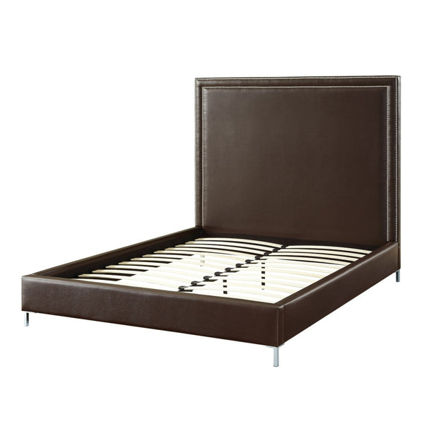 HomeRoots Espresso Faux Leather Queen Bed Frame - Stylish Upholstered Design with Nailhead Trim & Durability 544782