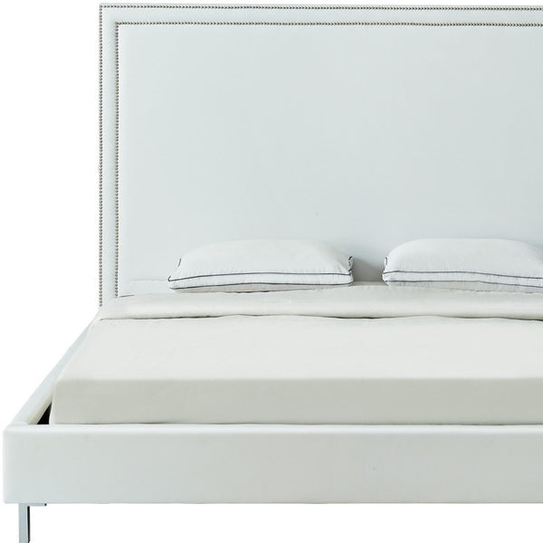 HomeRoots White Faux Leather King Bed Frame with Nailhead Trim - Modern Style, Plush Comfort, Sleek Design 544783
