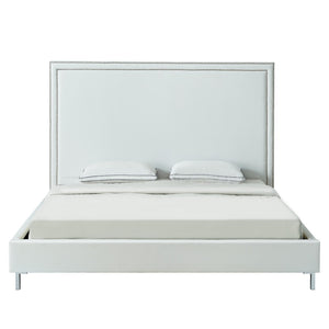 HomeRoots White Faux Leather Upholstered Queen Bed Frame with Nailhead Trim - Elegant Design & Comfort Support 544784