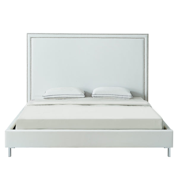 HomeRoots White Faux Leather Upholstered Queen Bed Frame with Nailhead Trim - Elegant Design & Comfort Support 544784