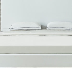 HomeRoots White Faux Leather Upholstered Queen Bed Frame with Nailhead Trim - Elegant Design & Comfort Support 544784
