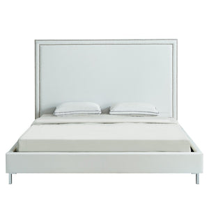 HomeRoots White Faux Leather Upholstered Queen Bed Frame with Nailhead Trim - Elegant Design & Comfort Support 544784