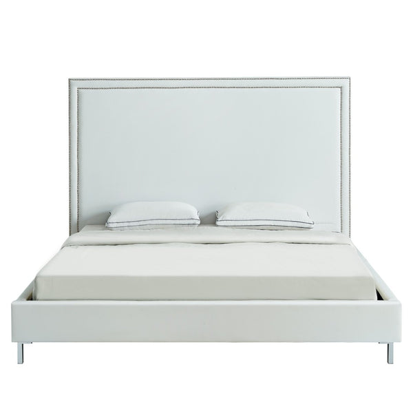 HomeRoots White Faux Leather Upholstered Queen Bed Frame with Nailhead Trim - Elegant Design & Comfort Support 544784
