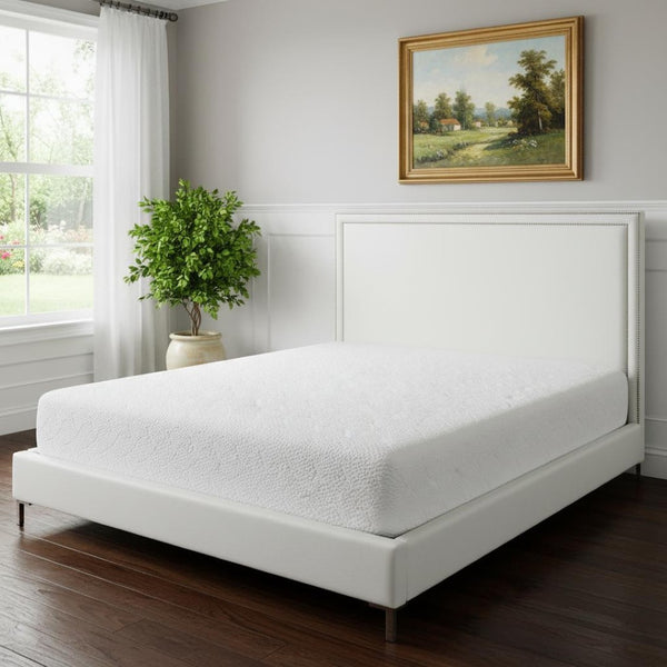 HomeRoots White Faux Leather Upholstered Queen Bed Frame with Nailhead Trim - Elegant Design & Comfort Support 544784