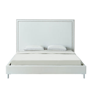 HomeRoots White Faux Leather Upholstered Queen Bed Frame with Nailhead Trim - Elegant Design & Comfort Support 544784