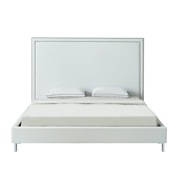 HomeRoots White Faux Leather Upholstered Queen Bed Frame with Nailhead Trim - Elegant Design & Comfort Support 544784