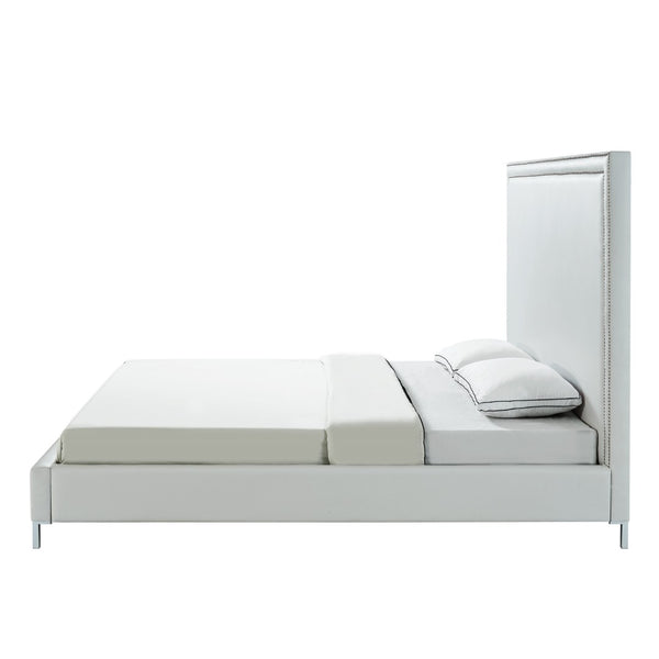 HomeRoots White Faux Leather Upholstered Queen Bed Frame with Nailhead Trim - Elegant Design & Comfort Support 544784