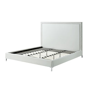 HomeRoots White Faux Leather Upholstered Queen Bed Frame with Nailhead Trim - Elegant Design & Comfort Support 544784