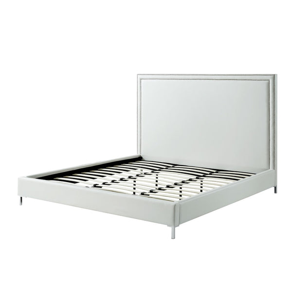 HomeRoots White Faux Leather Upholstered Queen Bed Frame with Nailhead Trim - Elegant Design & Comfort Support 544784