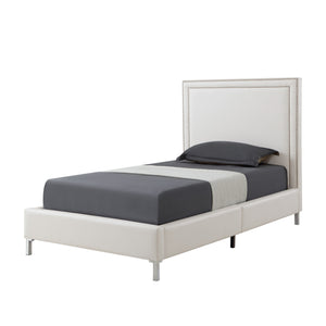 Homeroots White Solid Wood Twin Upholstered Faux Leather Bed Frame With Nailhead Trim White,Leather Pu Leather Pu 544785