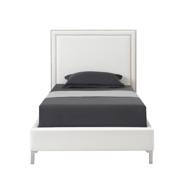 HomeRoots Black Solid Wood Queen Upholstered Bed with Nailhead Trim – Elegant Design for Timeless Comfort White, Leather PU 544785