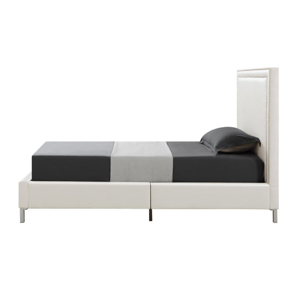 HomeRoots Black Solid Wood Queen Upholstered Bed with Nailhead Trim – Elegant Design for Timeless Comfort White, Leather PU 544785