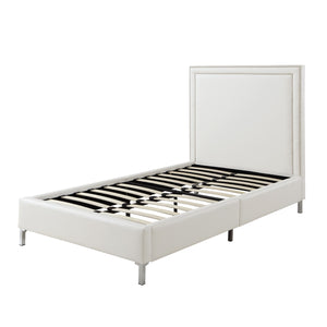 Homeroots White Solid Wood Twin Upholstered Faux Leather Bed Frame With Nailhead Trim White,Leather Pu Leather Pu 544785