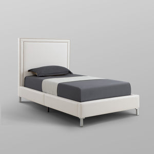 Homeroots White Solid Wood Twin Upholstered Faux Leather Bed Frame With Nailhead Trim White,Leather Pu Leather Pu 544785