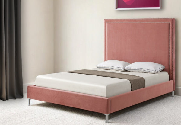 Homeroots Blush Solid Wood Queen Upholstered Velvet Bed With Nailhead Trim Blush,Velvet Velvet 544786