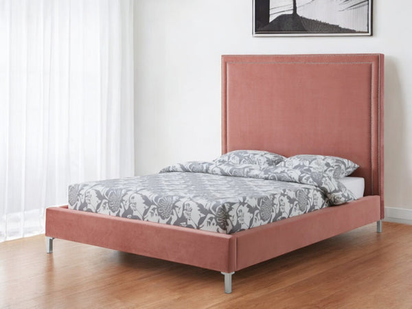 HomeRoots Black Solid Wood Queen Upholstered Bed with Nailhead Trim – Elegant Design for Timeless Comfort Blush, Velvet 544786