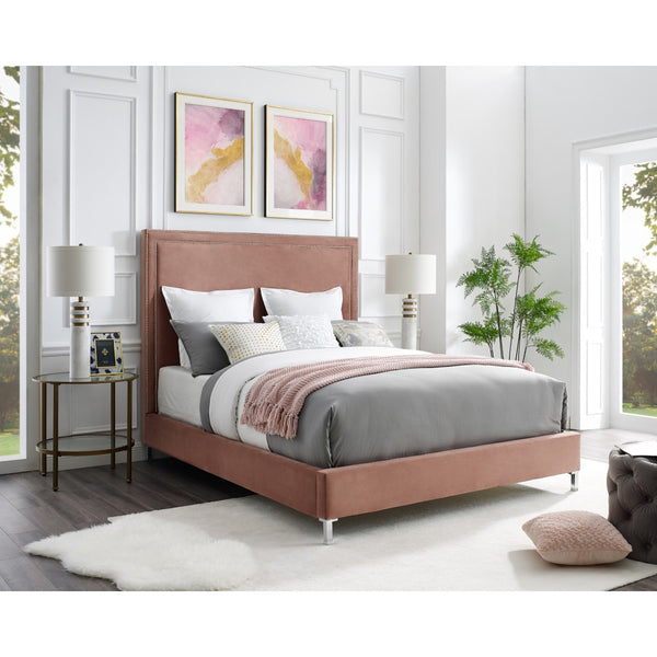 HomeRoots Black Solid Wood Queen Upholstered Bed with Nailhead Trim – Elegant Design for Timeless Comfort Blush, Velvet 544786