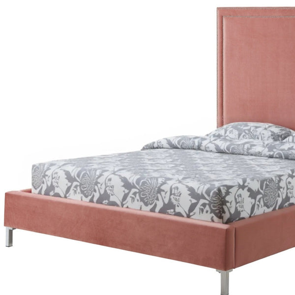 HomeRoots Black Solid Wood Queen Upholstered Bed with Nailhead Trim – Elegant Design for Timeless Comfort Blush, Velvet 544786