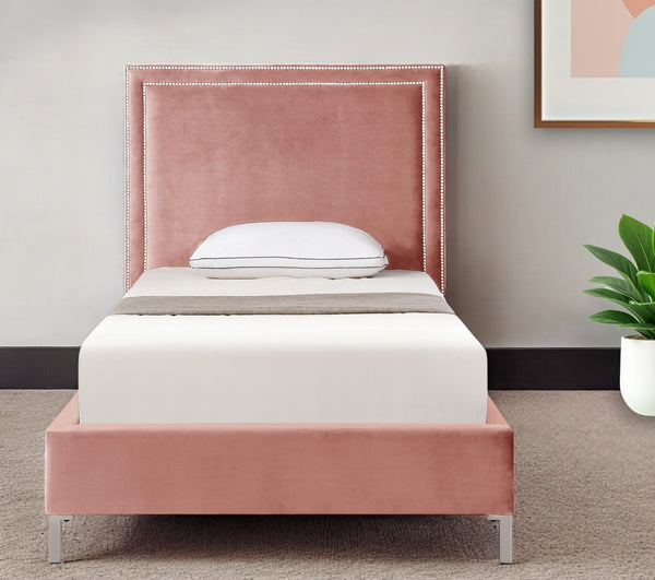 Homeroots Blush Solid Wood Twin Upholstered Velvet Bed With Nailhead Trim Blush,Velvet Velvet 544787